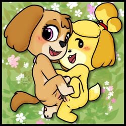 1:1 accurate_art_style animal_crossing anthro ass blush brown_body brown_fur canid canine canis cub digital_drawing_(artwork) digital_media_(artwork) domestic_dog duo female female/female fur genitals hi_res imminent_tribadism isabelle_(animal_crossing) laying_together looking_at_viewer mammal muffinlewds nintendo nude open_mouth paw_patrol pink_eyes pussy sex shih_tzu skye_(paw_patrol) smile spread_legs spreading toy_dog tribadism vaginal_penetration video_games yellow_body yellow_fur