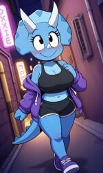 ai ai_art ai_generated alley bare_shoulders breasts crop_top exploring hoodie jurassiczalar looking_around looking_around_corner open_jacket pixai solo solo_female tagme triceratops trixie_triceratops walking