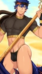 1boy abs arachmo artist_name bara blue_eyes blue_hair bridal_gauntlets fire_emblem fire_emblem:_path_of_radiance fire_emblem_heroes highres holding holding_polearm holding_weapon ike_(fire_emblem) large_pectorals male male_focus male_only muscular muscular_male nipples pectorals polearm see-through_clothes short_hair solo weapon