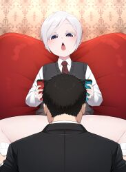 2boys absurdres ain(in) bangs blue_eyes blush brown_hair collared_shirt controller eyebrows_visible_through_hair fellatio formal from_behind game_controller highres holding holding_controller holding_game_controller holding_legs in_(ain) long_sleeves male_focus multiple_boys necktie nintendo_switch open_mouth oral original shirt short_hair socks spread_legs suit tongue vest wallpaper_(object) white_hair white_legwear white_shirt yaoi