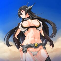 black_hair breasts female fingerless_gloves from_below garter_straps gloves groin hairband hand_on_hip headgear jt_dong-agyoku kantai_collection large_breasts long_hair nagato_(kantai_collection) navel no_pants panties red_eyes solo thighhighs underwear water wet