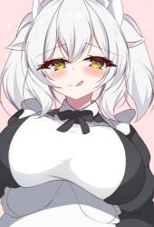 :q absurdres animal_ears apron arms_under_breasts black_bow black_bowtie black_dress blush bow bowtie breasts cow_ears cow_girl cow_horns dress duel_monster female fullsaber2 hair_between_eyes heart highres horns huge_breasts large_breasts licking_lips long_sleeves looking_at_viewer maid maid_apron maid_headdress milltina_(vrchat) pink_background simple_background smile solo tongue tongue_out twintails upper_body vrchat white_apron white_hair white_horns yellow_eyes