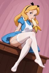 1girls 2025 ai_generated alice_(disney) alice_in_wonderland alice_in_wonderland_(1951_film) alice_liddell background banana blonde_hair blowjob blue_eyes civitai d3rmal disney enjoying female hairband legs legs_crossed licking long_hair naughty seductive sitting solo table tagme thighhighs vest wall