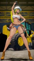 1girls blonde_female blonde_hair clothed_female construction_helmet construction_site construction_worker female jic_jic long_hair long_hair_female ponytail purple_eyes rwby short_shorts solo_female tool_belt underboob yang_xiao_long