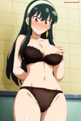 ai_generated aikenoart ass back bangs bare_shoulders black_bra black_garter_belt black_hair black_panties black_thighhighs blush bra breasts cowboy_shot day earrings female from_behind garter_belt gold_earrings grin hairband jewelry large_breasts lingerie long_hair looking_at_viewer looking_back outdoors panties parted_lips patreon_username red_eyes sideboob sidelocks skindentation smile solo spy_x_family thighhighs thighs thong tree underwear underwear_only web_address white_hairband yor_briar yor_forger