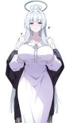 absurdres black_shawl blue_archive blunt_bangs blush breasts closed_mouth commentary_request feet_out_of_frame female frilled_pajamas frills grabbing_own_breast hair_intakes halo heart highres long_hair looking_at_viewer mechanical_halo noa_(blue_archive) noa_(pajamas)_(blue_archive) official_alternate_costume official_alternate_hairstyle pajamas purple_eyes reia_76 shawl simple_background smile solo standing very_long_hair white_background white_hair white_halo white_pajamas
