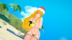 1girls beach bikini bikini_bottom bikini_top christmas_bikini christmas_headwear christmas_in_july female fishnet_legwear muffin_fox9 purple_eyes robotic_arm rwby solo_female yang_xiao_long
