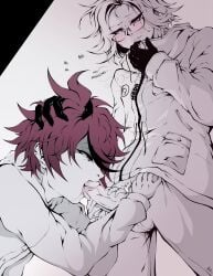 2boys aotsuki_eito blue_eyes blush commentary drawstring english_commentary erection fellatio glasses gloves hand_on_another's_head highres hood hooded_jacket jacket male_focus male_pubic_hair multicolored_hair multiple_boys oral pants penis pubic_hair red_hair saliva samanneiamart short_hair signature skinny spot_color streaked_hair sumino_takumi sweat the_hundred_line_-last_defense_academy- unzipped yaoi young