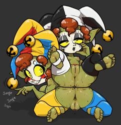2girls barefoot bonnytoad clown clown_girl clown_makeup clussy feet female goblin goblin_female green_skin makeup mime mime_girl monster monster_girl pussy shortstack soles