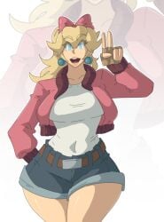 1girls arm_behind_back belt big_hips biker_peach blonde_hair blue_eyes bow bow_on_head child_bearing_hips clothing curvy ear_piercing eyelashes female female_only gloves human human_only jacket large_hips leedraw11 light-skinned_female light_skin looking_at_viewer mario_(series) mario_kart mario_kart_world mature mature_female nintendo open_mouth pink_bow pink_jacket ponytail princess_peach shirt shorts thick_thighs thighs voluptuous voluptuous_female white_background white_shirt wide_hips