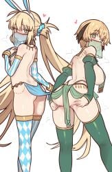 2girls alternate_costume animal_ears arabian_clothes areola_slip areolae artoria_pendragon artoria_pendragon_(caster) artoria_pendragon_(fate) ass ass_grab back_dimples bare_ass bare_back bare_shoulders blonde_hair blush bottomless breast_curtains breasts bunny_ears buttocks dancer dimples_of_venus ebora elbow_gloves embarrassed fake_animal_ears fate/grand_order fate_(series) female female_focus female_only functionally_nude functionally_nude_female gareth_(fate) gold_bracelet grabbing_own_ass green_eyes jewelry large_breasts light-skinned_female light_skin long_hair looking_at_viewer looking_back mouth_veil multiple_girls nail_polish no_bra no_panties nopan pelvic_curtain petite petite_female presenting presenting_hindquarters short_hair shy sideboob simple_background skimpy skimpy_clothes skindentation slightly_chubby slightly_chubby_female small_breasts spreading spreading_ass thick_ass thighhighs thighs twintails veil very_long_hair white_background youngmanisdown