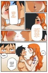 black_hair blushing_female blushing_male comic comic_page doujinshi doujinshi_page kissing monkey_d_luffy nami_(one_piece) nude_female one_piece orange_hair saliva_trail shampowrado
