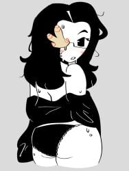 ass black_hair black_jacket black_panties black_underwear blush blushing coral_glasses dream_bbq ena_(series) glasses jacket jellofishe lingerie looking_back looking_back_at_viewer no_bra panties thick_ass thick_thighs topless underwear white_skin