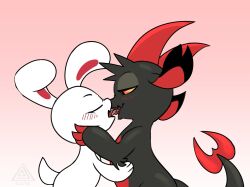 ambiguous_sex anthro black_body blush chikn_nuggit claws demon dragon furry fwench_fwy_(chikn_nuggit) holding_face horns iscream_(chikn_nuggit) kissing making_out rabbit scalie simple_background