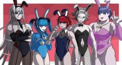 2boys 3girls amemiya_darumi animal_ear_hairband animal_ears aotsuki_eito black_bodysuit black_bow black_hair black_pantyhose blue_background blue_bodysuit blue_eyes blue_hair bodysuit border bow braid breasts cleavage closed_mouth crossdressing darumi_amemiya detached_collar eito_aotsuki embarrassed fake_animal_ears glasses hair_between_eyes hairband heart heterochromia highres large_breasts leotard long_sleeves looking_at_viewer makeup middinos mojiro_moko moko_mojiro multicolored_bodysuit multicolored_hair multiple_boys multiple_girls muscular muscular_female navel necktie one_eye_closed pantyhose parted_hair pink_bodysuit pink_eyes playboy_bunny purple_eyes purple_hair rabbit_ear_hairband rabbit_ears red_bodysuit red_bow red_eyes red_hair simple_background smile sumino_takumi takumi_sumino teeth the_hundred_line_-last_defense_academy- twin_braids twintails upper_teeth_only v'ehxness white_border white_hair wings
