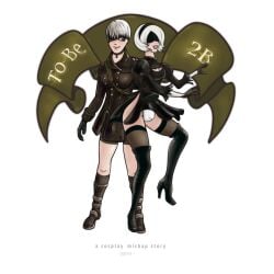2futas big_breasts blindfold breasts bulge clothed clothing english_text futa_only futanari hairband intersex light-skinned_futa light_skin nier nier:_automata penis_under_clothes rule_63 short_hair text thighhighs white_background white_hair yazva yorha_2b yorha_9s