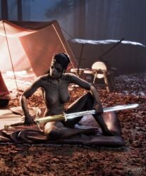 4k 8k baldur's_gate baldur's_gate_3 boobs_out breasts breasts_out camping githyanki green_skin hi_res high_quality high_resolution highres lae'zel markings nude nude_female patreon patreon_username scar solo solo_focus spots sword tits_out