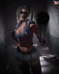 1girls 3d 3d_(artwork) asylum bat bat_(object) batman:_arkham_asylum batman_(series) blonde_hair breasts cleavage dimly_lit harley_quinn harley_quinn_(arkham) harley_quinn_(arkham_asylum) large_breasts looking_at_viewer midriff nurse nurse_cap nurse_uniform pillowfun pointing_at_viewer pose pov render short_skirt solo standing twintails watermark
