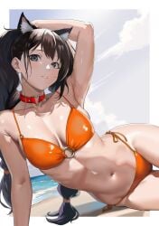 1girls animal_humanoid arm_up armpits beach bikini black_cat_ears black_hair breasts cat_ears cat_humanoid catgirl choker clothed clouds feline_humanoid female female_only hand_behind_head heart_ring_choker inner_ear_fluff long_hair long_twintails medium_breasts midriff navel o-ring_bikini o-ring_bikini_top o-ring_top ocean orange_bikini original outdoors posing red_choker seaside side-tie_bikini sky solo thigh_gap tied_hair twintails very_long_hair white_border white_inner_ear_fluff yagi_(joe731842)
