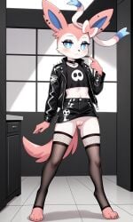 1girls 2025 ai_generated anthro blue_eyes blushing collar crop_top digitigrade ear_piercing eeveelution eyeliner eyeshadow female female_only fishnet_legwear fishnets generation_6_pokemon goth goth_girl hi_res indoors innie_pussy jacket legwear nintendo pink_fur pokemon pokemon_(species) pussy skirt smile sylveon white_fur