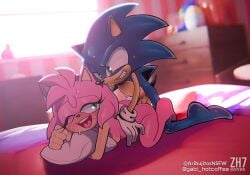 1boy amy_rose aribujitosnsfw ass bare_legs barefoot bed bed_sheet bedroom blanket blue_fur blue_hair chao_(sonic) drawer egg eyelashes feet female gloves green_eyes grin hedgehog huge_ass legs looking_back lying medium_hair on_bed on_stomach penis pillow pink_fur pink_hair plush sex small_breasts smile sonamy sonic_(series) sonic_the_hedgehog spiked_hair straight sweat sweatdrop tail teen teen_boy teen_girl teenage teenage_boy teenage_girl teenager teeth testicles toy vaginal_penetration window