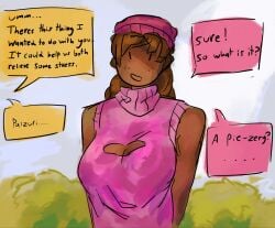 asking_for_sex big_breasts block_tales brown_skin freckles kyoko_(block_tales) revealing_clothes rrrensa sfw solo_female suggestive