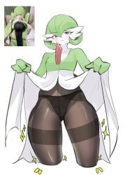 absurdres black_pantyhose bob_cut clothes_lift colored_skin dress dress_lift female gardevoir gen_3_pokemon green_hair green_skin highres layton_(sanlayton) life-size_gardevoir_plush multicolored_skin nintendo pantyhose photo_inset pink_eyes pokemon pokemon_(creature) two-tone_skin white_dress white_skin