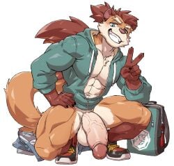 1boy abs backpack bag balls bara big_balls big_penis blush choi_yuhee claws clothes_on_floor english_commentary flaccid furry furry_male grin hand_on_own_hip highres hood hood_down hooded_jacket huge_cock jacket looking_at_viewer male_focus muscular muscular_male mustelid musteline no_male_underwear no_pants open_clothes open_jacket pants pawpads pectorals penis ponytail smile squatting tail testicles thick_penis unworn_backpack unworn_bag unworn_pants utakoloid_(myiko) v weasel white_background xxl_woofia