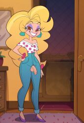 1futa ai_generated blonde_hair clothed futanari helluva_boss jeans long_hair looking_at_viewer martha_(helluva_boss) penis penis_out solo solo_futa vivienne_medrano vivziepop