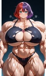 abs ai_generated big_breasts bra braless breasts breasts_bigger_than_head buff cyan_eyes flexing huge_boobs huge_breasts hyper_muscles muscai muscles muscular muscular_female muscular_thighs natalya_(muscai) original original_character panties purple_hair red_hair ripped_bra ripped_clothing shirtless split-color_hair thick_thighs topless unamused wardrobe_malfunction