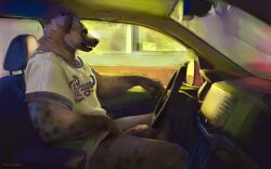 anthro black_body black_fur bottomless brown_body brown_fur car clothed clothing crucifix drive-thru driving fur genitals hi_res humanoid_genitalia hyena jewelry male mammal markings mokejumps multicolored_body multicolored_fur necklace pantsless penis prank public public_nudity shirt shirt_only solo spots spotted_body spotted_fur spotted_hyena t-shirt t-shirt_only topwear topwear_only two_tone_body two_tone_fur vehicle