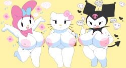 3girls anthro big_breasts breasts dream-cassette female female_only hello_kitty hello_kitty_(character) hello_kitty_(series) hoshime huge_breasts kitty_white kuromi mob_face multiple_girls my_melody onegai_my_melody sanrio shortstack tagme