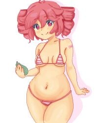 1girls 2d 2d_(artwork) ahoge arm_tattoo belly bikini blush blush bottom_heavy breasts curvy curvy_female curvy_figure cute female female_only fruit holding_object kasane_teto micro_bikini navel pear red_eyes red_hair simple_background skindentation small_bikini small_breasts smile striped_bikini tattoo thick_thighs thighs treepxiv twin_drills utau white_background wide_hips