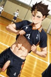1boy 1male abs ai_generated blush blushing_at_viewer cock dick erection gay haikyuu!! indoor indoors inside looking_at_viewer male nishinoya_yuu penis penis_out solo solo_male standing sweat tagme yaoi