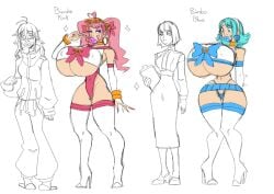 2girls before_and_after bimbo bimbo_body bimbo_lips bimbofication bimbofied bimbophi blue_hair breast_expansion female hourglass_expansion huge_breasts magical_girl magical_girl_outfit nerdy_female office_lady pink_hair ribbon thighhighs thong transformation transformation_sequence