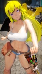 1girls ass ass_focus blonde_female blonde_hair construction_site construction_worker female jic_jic long_hair long_hair_female looking_back purple_eyes rwby short_shorts solo_female tank_top tool_belt underboob yang_xiao_long