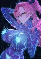 abstract_background ai_generated alternate_costume arm_up black_background black_ribbon blue_background blue_bodysuit bodysuit breasts censored censored_clitoris censored_nipples circuit_board_print collarbone cortana cortana_(cosplay) cosplay dutch_angle eyelashes female green_eyes hair_between_eyes hair_ornament hair_ribbon hairclip hand_up high_ponytail highres huge_breasts lips long_hair looking_at_viewer multiple_hair_clips nicole_demara nose parted_lips pink_eyes ponytail purple_bodysuit ribbon smile solo turtleneck turtleneck_bodysuit two-tone_background two-tone_bodysuit upper_body yuneillusts zenless_zone_zero