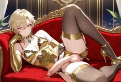 1boy 1femboy ai_generated arm_gloves aventurine_(honkai:_star_rail) average_sized_penis bra choker couch crossdressing crossdressing_male garter garter_straps gold_clothing golden_outfit heels honkai:_star_rail hoyoverse laying_on_side looking_at_viewer male maos mihoyo panties pubic_hair stockings twink