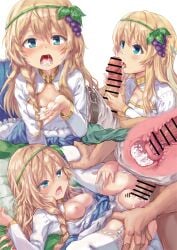 1boy aqua_eyes bar_censor blonde_hair braid breasts censored commission cum cum_in_mouth cum_in_pussy dasumon_(mcwt7384) dress fellatio female food food-themed_hair_ornament fruit garter_straps grape_hair_ornament grapes hair_ornament highres internal_cumshot iris_(konosuba) kono_subarashii_sekai_ni_shukufuku_wo! licking licking_penis long_hair male medium_breasts nipples open_mouth oral penis pixiv_commission sex tears teeth white_background