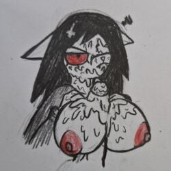 black_hair breasts catwitch_(xarop77) cum cum_on_breasts cum_on_face domestic_cat felid feline long_hair long_hair_female manlewdle paizuri pink_nipples red_eyes titfuck titjob tits twitter_username white_background