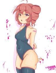 1girls ahoge arm_behind_back arm_grab arm_tattoo artist_name artist_signature ass ass_visible_from_the_front belly big_ass blush blush bodysuit breasts fat_thighs female female_only grabbing_arm huge_thighs kasane_teto large_ass leotard medium_breasts navel navel_visible_through_clothes open_mouth paint red_eyes red_hair sideboob skin_tight skindentation slightly_chubby slightly_chubby_female solo solo_female tattoo thick_thighs thighhighs thighs tight_clothing treepxiv twin_drills utau