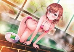 1girls 2020s 2022 absurd_res all_fours alternate_costume ass_cleavage bare_legs bare_shoulders bare_thighs bikini breasts brown_eyes brown_hair butt_crack collarbone female flower front-tie_bikini_top front-tie_top full_body gekota hair_flower hair_ornament hi_res hot_spring indoors isshi_pyuma looking_at_viewer matching_hair/eyes misaka_mikoto navel onsen partially_submerged purple_bikini scan short_hair side-tie_bikini_bottom small_breasts solo steam stomach swimsuit teenage_ass teenage_girl teenage_tits teenager thighs to_aru_kagaku_no_railgun to_aru_majutsu_no_index towel water wet young young_female