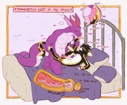 absurd_res aggressive_fertilization andromorph animal_genitalia anthro bed bedding bedding_background bodily_fluids border cervical_contact circle_eyebrows claws cum cum_in_pussy cum_in_uterus cum_inside cum_on_belly cum_on_body cum_on_penis dialogue duo ear_piercing eyebrows feet felid feline flustered foot_fetish foot_lick foot_play frill_(anatomy) fur fur_markings furniture fuzzysmore_(character) genital_fluids genital_slit genitals gold_insides gold_pawpads goldycat hand_on_chest hi_res horn impregnation impregnation_risk intersex intersex/male knot knotted_penis knotted_tapering_penis kobold licking male male/male mammal markings multicolored_body multicolored_scales notched_ear nude onomatopoeia orange_claws orange_horn paws penis piercing pillow pull_out_request purple_body purple_scales raised_paw red_eyes scales scalie sexual_barrier_device shipupp size_difference size_play sound_effects tapering_penis text tongue two_tone_body two_tone_scales uterus ventral_scales x-ray_view