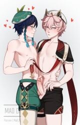 2boys blush blush_lines boys dahlia_(genshin_impact) dicks_touching femboy femboy_on_femboy femboy_on_male femboys gay gay_domination genshin_impact grabbing_hip hat hearts_around_head hip_grab hoyoverse looking_away male male/male male_only mihoyo pink_hair purple_eyes smile twin_braids twink twinks two_tone_hair venti_(genshin_impact) yaoi