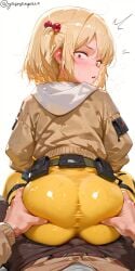 ai_generated ass ass_grab big_ass blonde_female blonde_hair blush bulge_through_clothing bulge_under_clothes butt butt_crack butt_grab butt_jiggle female female_focus frustrated goddess_of_victory:_nikke grabbing grabbing_ass grabbing_from_behind latex latex_suit latex_thighhighs liter_(nikke) looking_back looking_down nervous petite petite_body petite_female petite_girl plump plump_ass plump_butt plump_thighs shiny shiny_clothes shiny_skin short_hair sitting_on_lap sitting_on_penis sitting_on_person small_female squish squishy squishy_butt sweat sweatdrop sweating sweaty white_background yasosenpai