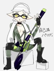 1girls bodysuit breasts cleavage female female_only inkling looking_at_viewer marie_(splatoon) ojiya625 sitting splatoon splatoon_(series) spread_legs squid_sisters twitter_link unzipped_bodysuit weapon yellow_eyes
