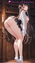 1girls 2025 ai_generated alina_clover aran_sweater ass bangs black_skirt blush book bookshelf bow braid breasts breasts_out brown_eyes brown_hair cable_knit candle female full_body guild_no_uketsukejou_desu_ga_zangyou_wa_iya_nanode_boss_wo_solo_toubatsu_shiyou_to_omoimasu hi_res highres indoors kneepits large_breasts legs long_hair long_sleeves looking_at_viewer looking_back natsuyoru nipples no_panties no_shoes oshiri patreon pleated_skirt pussy shirt skirt socks solo thighs vagina voluptuous voluptuous_female white_shirt white_socks
