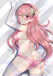 1girls ;) alternate_color alternate_eye_color alternate_hair_color ass ass_cleavage back back_view bare_back bare_thighs big_ass blush bow bra breasts butt_crack corrin_(fire_emblem) corrin_(fire_emblem)_(female) dakimakura elbow_gloves female_only fingering fingering_self fire_emblem fire_emblem_fates garter_belt gloves hair_between_eyes hairband long_hair looking_at_viewer looking_back masturbation medium_breasts moe_market nintendo on_bed on_stomach one_eye_closed panties pink_eyes pink_hair pink_panties pointy_ears rubbing_pussy smile solo thighhighs thighs underwear wink