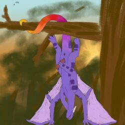 absurd_res anus bodily_fluids dragon dripping forest genital_fluids hanging_from_branch hanging_upside_down hi_res male masturbation mythological_creature mythological_scalie mythology plant precum precum_drip purple_body rainforest rainwing_(wof) scalie soap_eater solo tree upside-down wings_of_fire