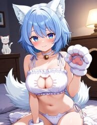 1girls ai ai-created ai_art ai_generated big_breasts blue_eyes blue_hair blush breasts female lingerie lingerie_bra lingerie_panties looking_at_viewer pixai smile smiling_at_viewer tagme virtual_youtuber vtuber white_fur wolf wolf_ears wolf_girl wolf_humanoid wolf_tail wolfychu youtube youtuber